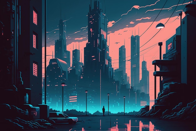 Cyberpunk style illustration of a futuristic cityscape gloomy urban setting