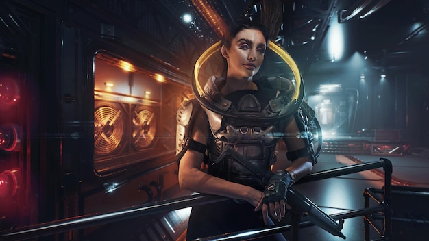 Cyberpunk style image  beautiful brunette warrior