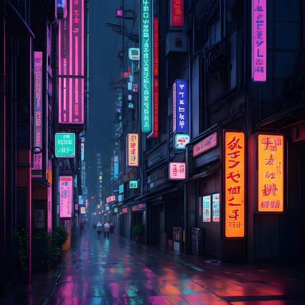Киберпанк в стиле нео-токийской улицы под дождем