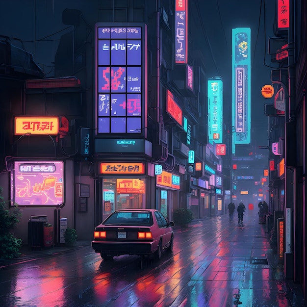 Cyberpunk style neo tokyo street in the rain