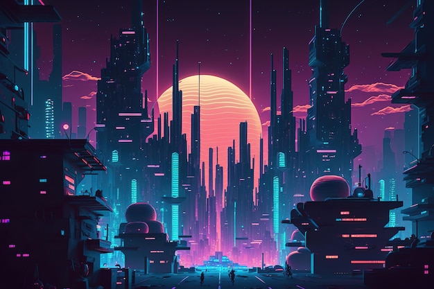 Cyberpunk style photorealistic illustration of a futuristic city dazzling neon night industrial cityscape in the future
