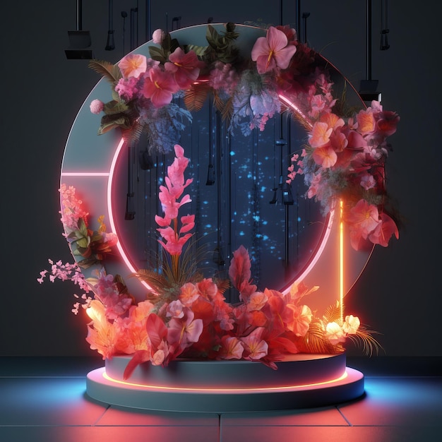 Cyberpunk style podium round podium with floral ai generated image