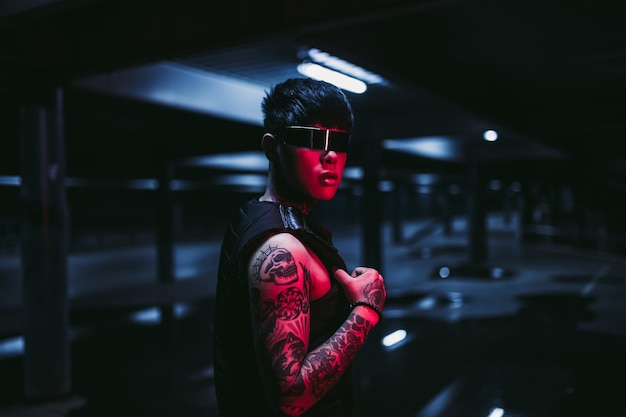 Cyberpunk style tattooed guy in one city cyberpunk glasses\
fantasy