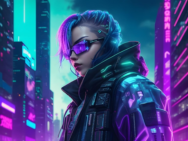 Cyberpunk styled woman on city background holographic style