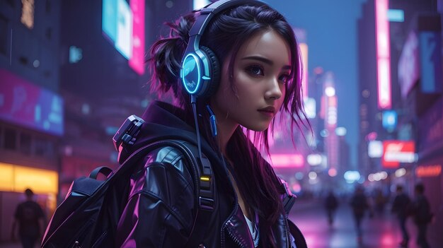 Premium AI Image  Cyberpunk styled woman on city background