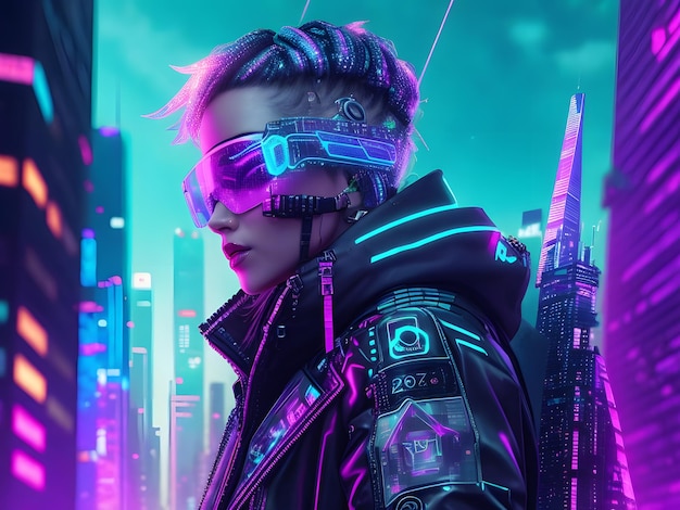 Cyberpunk styled woman on city background holographic style