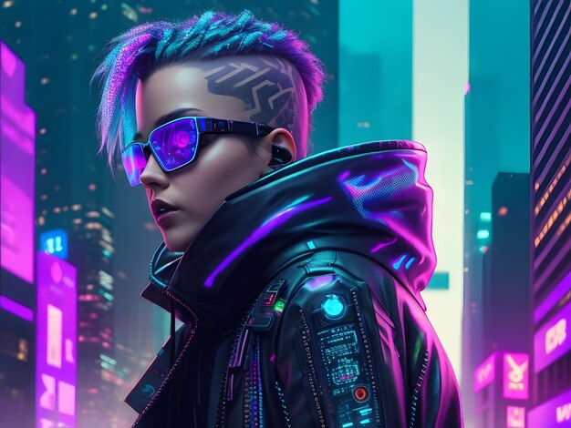 Premium AI Image  Cyberpunk styled woman on city background