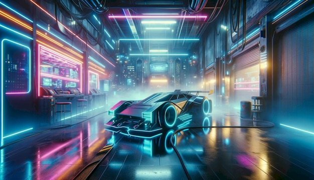 Cyberpunk-thema futuristische auto met neonlichten