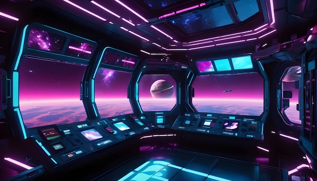 Foto navale spaziale a tema cyberpunk con vista spaziale dalla finestra