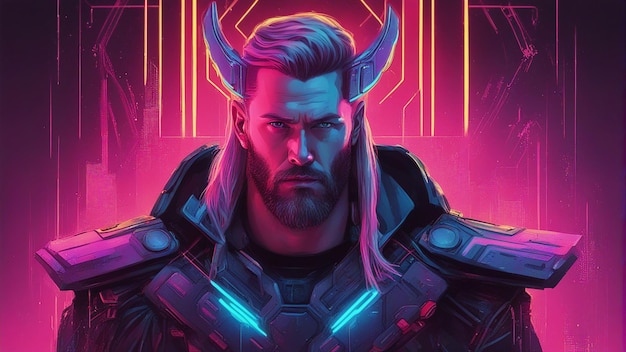 Cyberpunk Thor portrait futuristic neon style