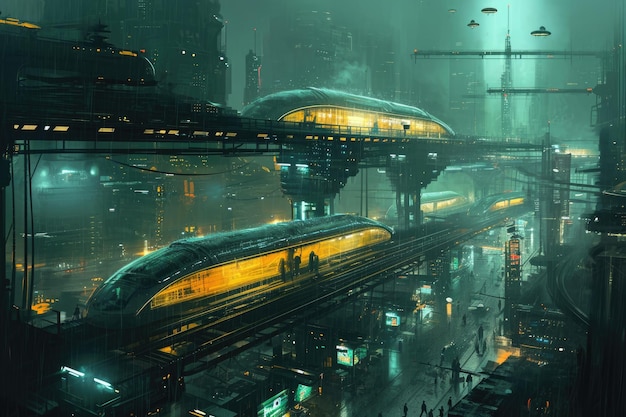 Cyberpunk transportation hub with futuristic trains hovercraft and flying vehicles Dynamic