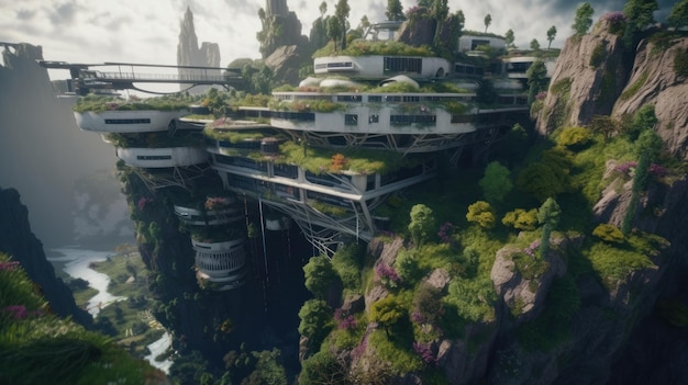 Cyberpunk utopian landscape with ancient white stone architecture on hilltop cliff viewed from above