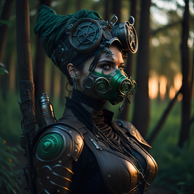 Foto cyberpunk-vrouw in een futuristisch pak en masker met blauwe kleren op het zonsondergangstrand