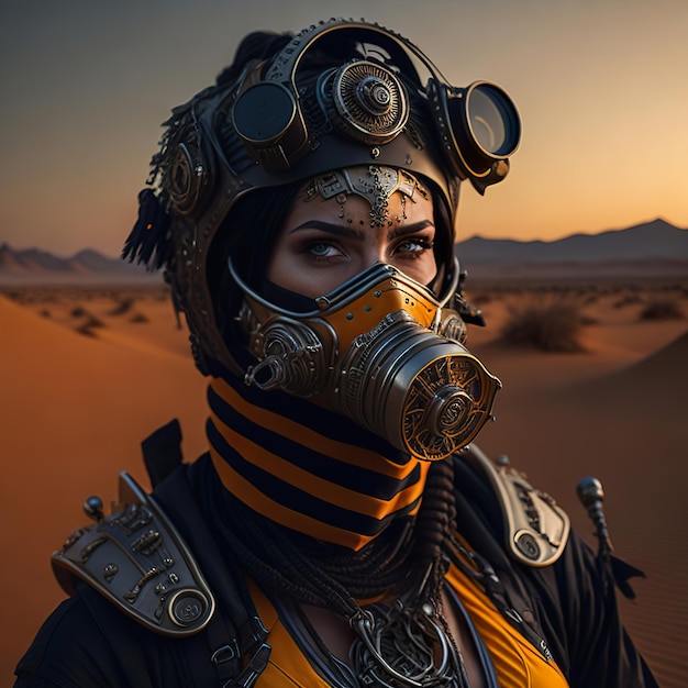 Cyberpunk-vrouw in een futuristisch pak en masker met oranje kleding in de zonsondergangwoestijn