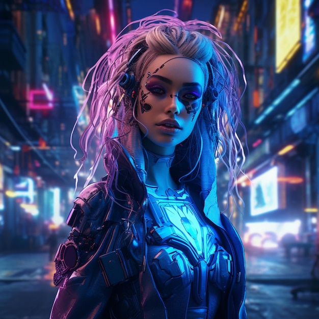 cyberpunk-vrouw met een Halloween-kostuum neonkleuren elektrische blauwe tinten