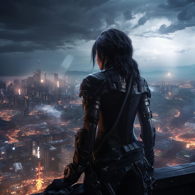 Warrior Girl in Cyberpunk City, HD wallpaper