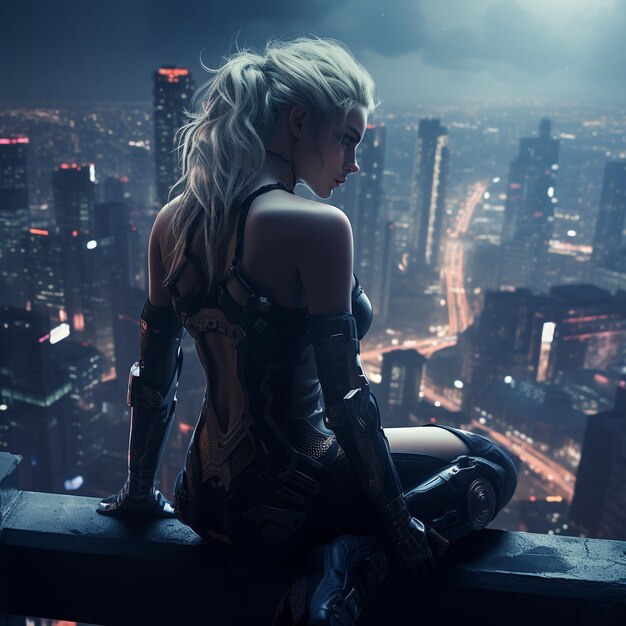 Cyberpunk warrior looking over city