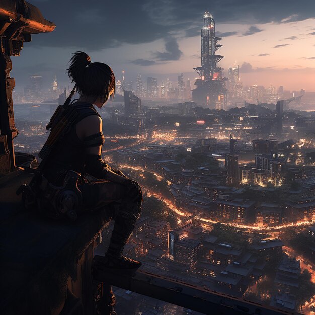 Cyberpunk warrior looking over city