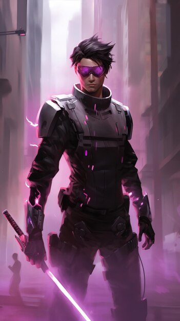 A cyberpunk warrior stands among the glowing neon lights of a futuristic city holding neon stick Generative AI