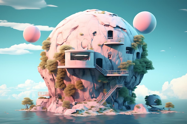 Cyberpunk Whimsy Surreal Spherical House on a Rock in Cute Iconic Style