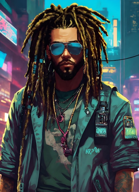 Photo cyberpunk white man with dreadlocks cyberpunk gang member gta poster style art