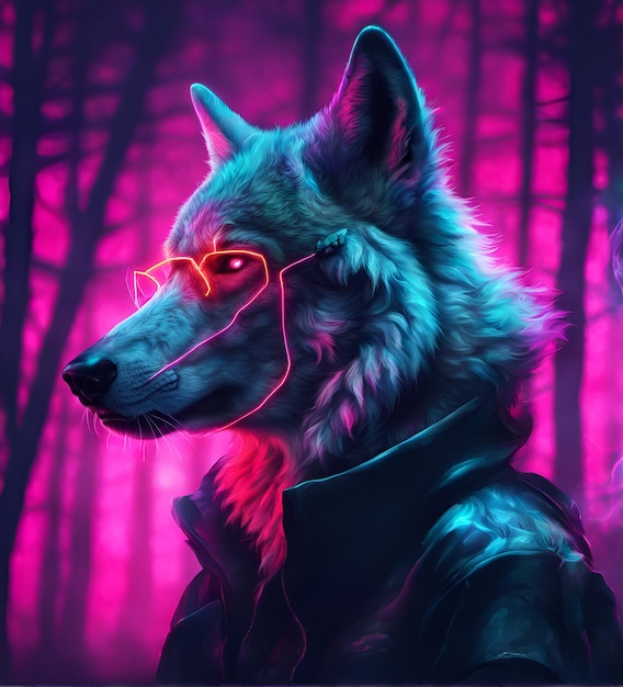 Cyberpunk wolf in neon lighting futuristic photorealistic illustration