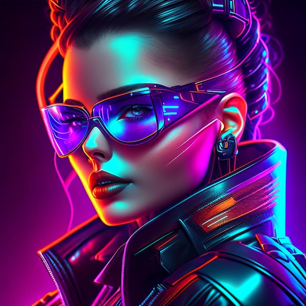 Foto donna cyberpunk primo piano ritratto stile neon futuristico