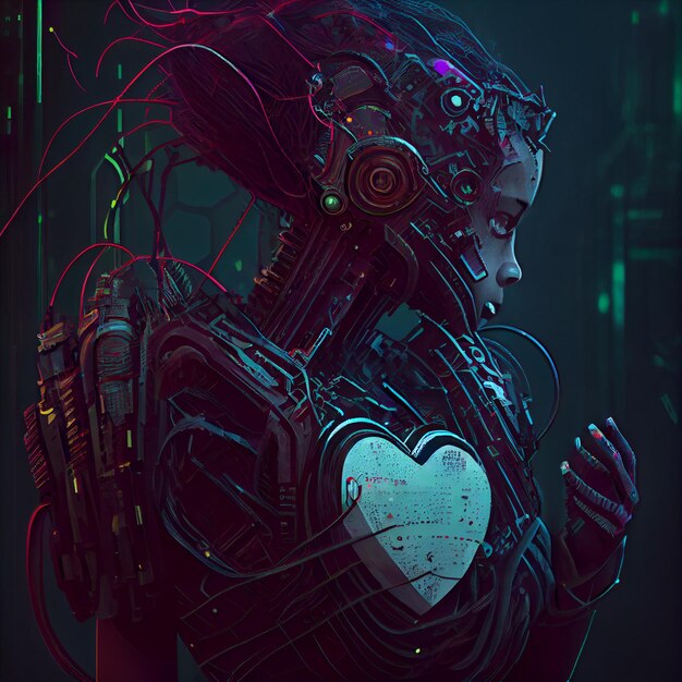 Cyberpunk woman cyborg robot with heart 3d render\
illustration