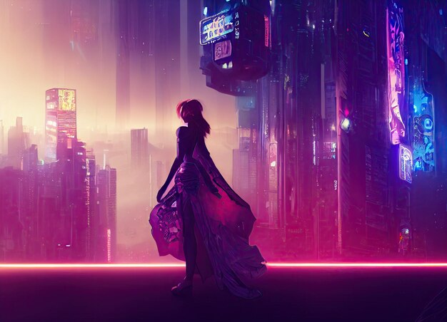 Cyberpunk woman in a dress silhouetted against a city at night\
ultraviolet and neon skyscrapers background