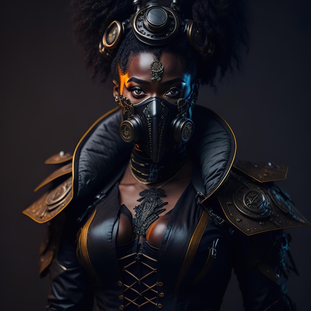 Photo cyberpunk woman in a futuristic suit and mask with black clothes with fire in the background