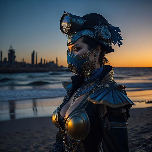 Cyberpunk woman in a futuristic suit and mask with blue clothes in the sunset beach