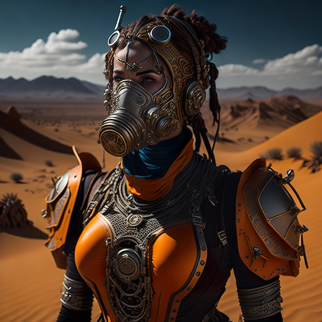 Photo cyberpunk woman in a futuristic suit and mask with orange clothes in the sunset desert