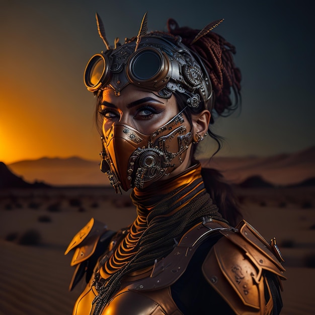 Cyberpunk woman in a futuristic suit and mask with orange clothes in the sunset desert