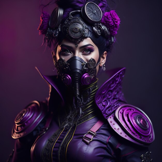 Cyberpunk woman in a futuristic suit and mask with purple clothes in photo studio