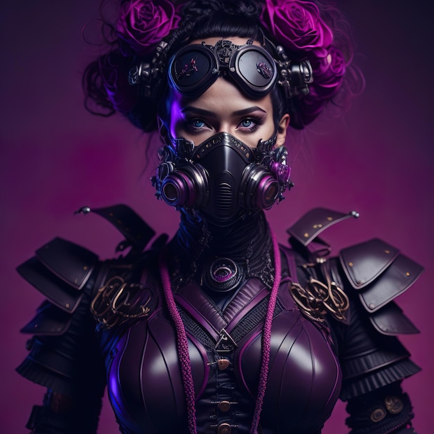 Cyberpunk woman in a futuristic suit and mask with purple clothes in photo studio