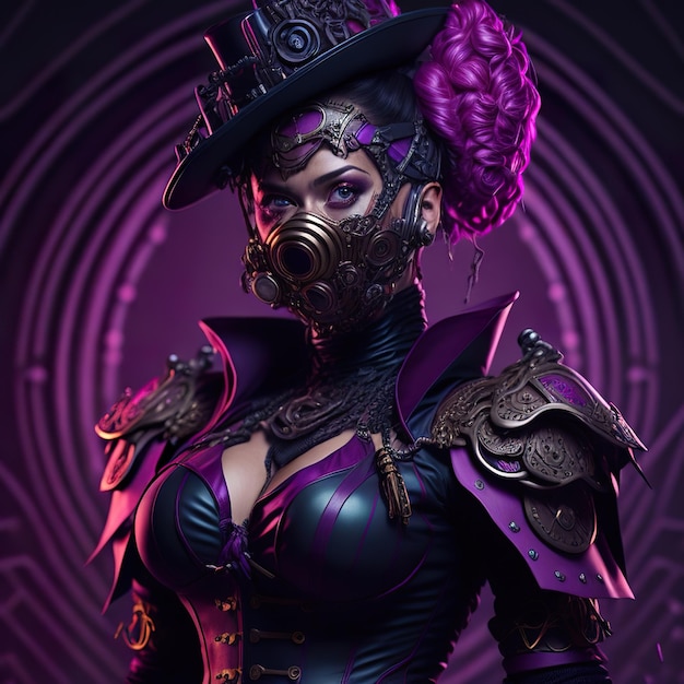 Cyberpunk woman in a futuristic suit and mask with purple clothes in photo studio