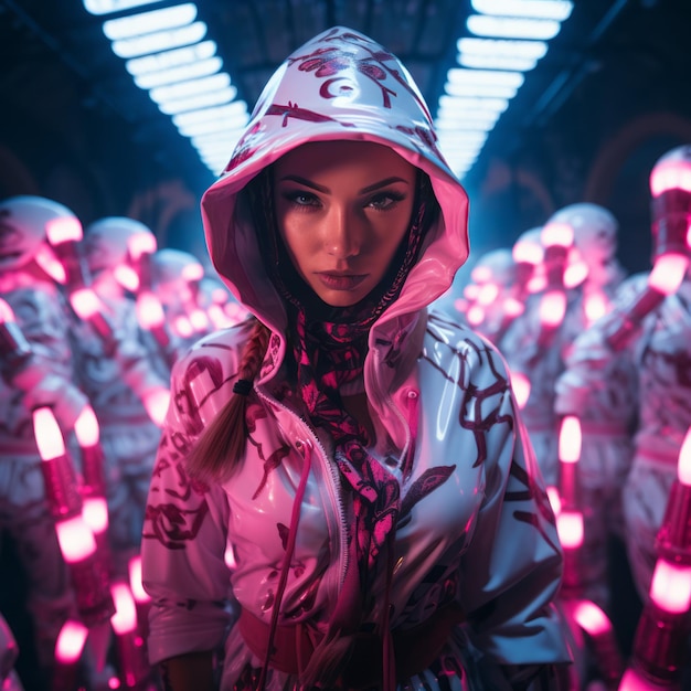 Cyberpunk Woman Ninja Outfit in Pink and White