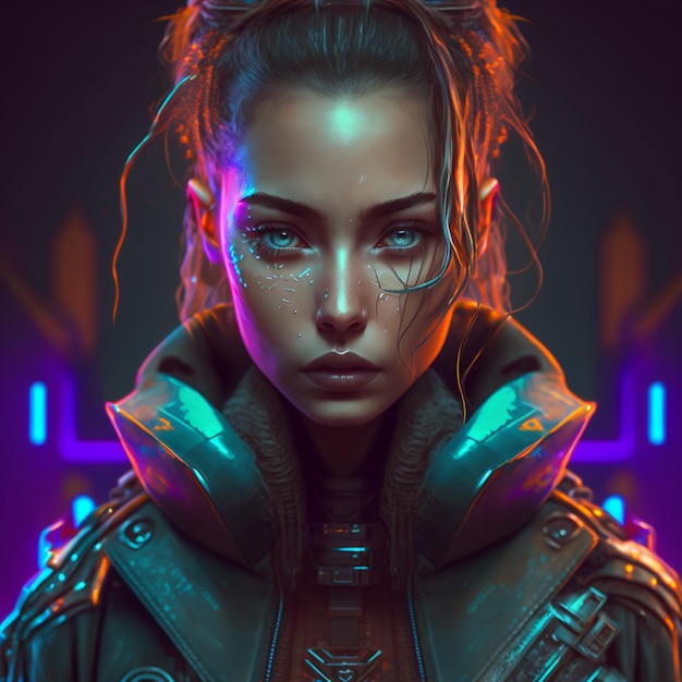 Cyberpunk woman portrait futuristic neon style HD Image