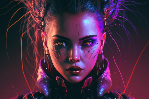 Cyberpunk woman portrait futuristic neon style HD Image