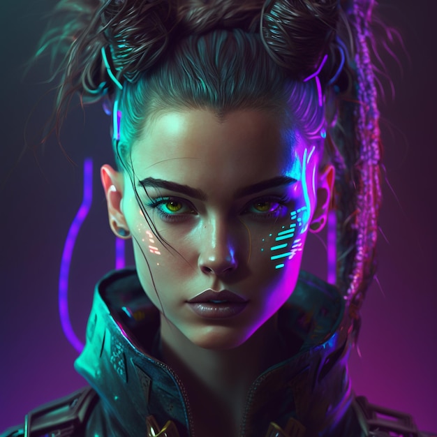 Cyberpunk woman portrait futuristic neon style HD Image