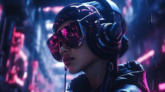 Cyberpunk woman portrait futuristic neon style