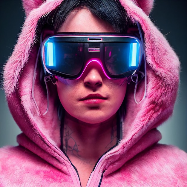 サイバー パンクの女性の肖像画の未来的なネオン スタイル