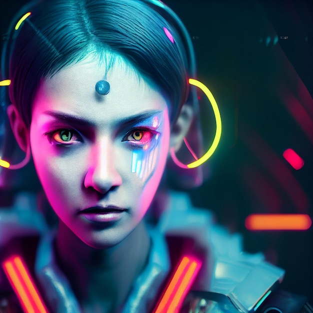 Cyberpunk woman portrait futuristic neon style