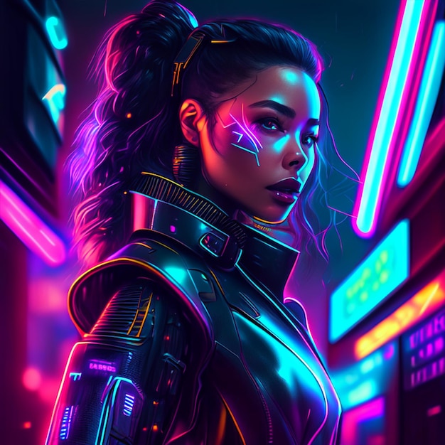 Foto ritratto di donna cyberpunk in stile neon futuristico