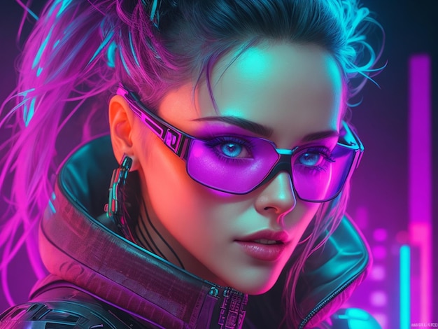 Cyberpunk woman portrait futuristic neon style
