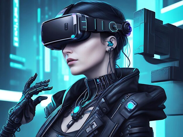 Premium Photo  Cyberpunk woman portrait with vr headset in high