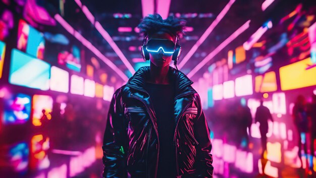 Photo cyberpunk woman portrait with vr headset highresolution neon futuristic with light city background