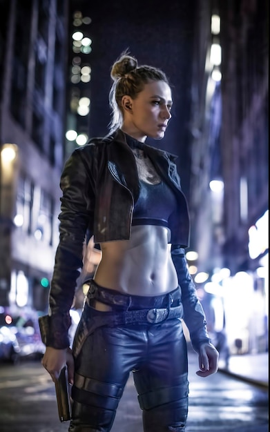 Cyberpunk woman warrior in urban scenery