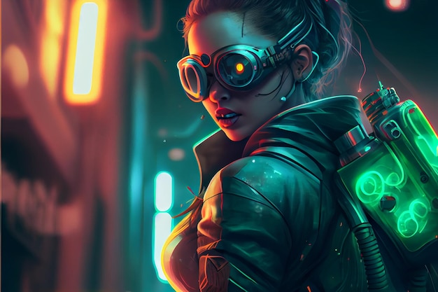 Cyberpunk woman wearing helmet and glasses with acid color neon lights cityscape background