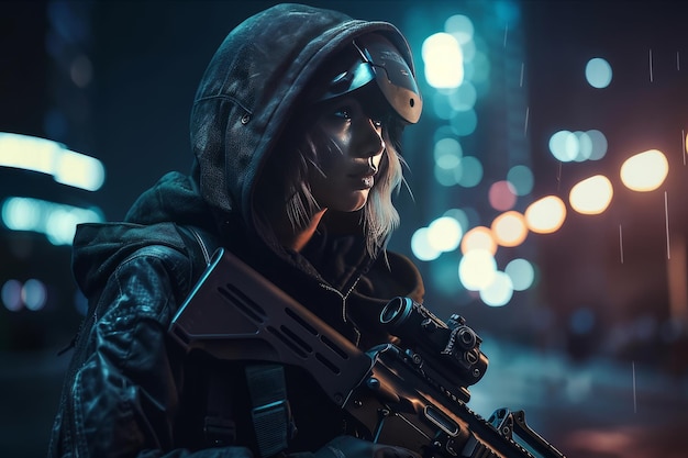 Cyberpunk woman wearing a hooded leather jacket and a night vision helmet holds an assault rifle